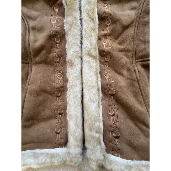 Faux suede coat, faux fur collar, Vintage Esprit w embroidery Sz Large - Picture 4 of 9